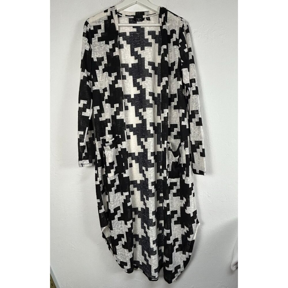 G by Giuliana Womens Slub Knit Duster Cardigan Medium Black White Houndstooth